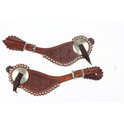 Buddy Foster leather spur straps carved and