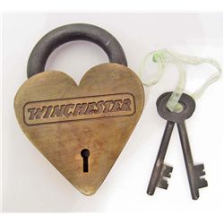 LARGE BRASS WINCHESTER HEART PADLOCK WITH KEYS