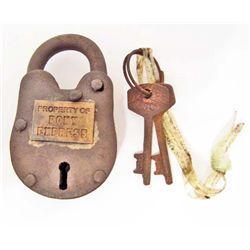SMALL CAST IRON LOCK WITH PONY EXPRESS TAG & KEYS