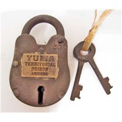 SMALL CAST IRON LOCK WITH YUMA TERR. PRISON TAG & KEYS
