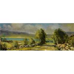 Norman J. McCaig (1929-2001) PATH TO THE LAKE signed lower left oil on board 36 by 91cm., 14 by 3...