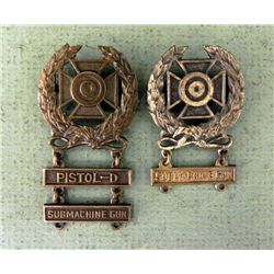 TWO WWII MARKSMAN BADGES-STERLING-2 W/SUBMACHINEGUN BAR