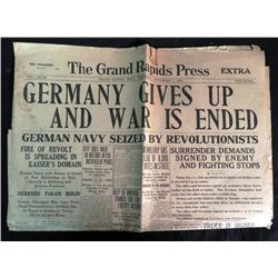 ORIGINAL NOV 7, 1918 NEWSPAPER "WAR IS ENDED"