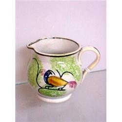 MINIATURE SPATTER CREAMER. Red, golden yellow, and blue peafowl in a green spatter tree. Two tiny…