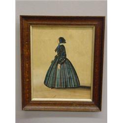 PAIR OF FULL-LENGTH WATERCOLOR PORTRAITS. Woman in vibrant dress, stripes in blues, grey, and bla…