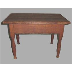 CHILD'S SIZE COUNTRY WORK TABLE. Birch and pine with an old red wash. Turned legs with mortise an…