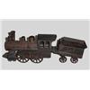 Image 1 : TOY LOCOMOTIVE AND TENDER. Worn orginal black paint with gold detail. Wood and sheet steel with c…