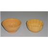 Image 1 : TWO YELLOWWARE FOOD MOLDS. One is circular with scalloping and signed "Mogana". 6 1/8"d. The larg…