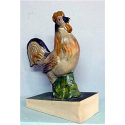 ROOSTER PIPSQUEAK. Papier-mache handpainted in pale grey with orange, red, and black on a green b…