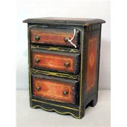 DOLL SIZE CHEST OF DRAWERS. Pine with original paint. Black with red panels and yellow stripes. D…