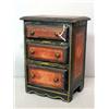 Image 1 : DOLL SIZE CHEST OF DRAWERS. Pine with original paint. Black with red panels and yellow stripes. D…