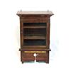 Image 1 : MINIATURE DECORATED CUPBOARD. Pine with old gold striping over a red ground. Short shaped bracket…