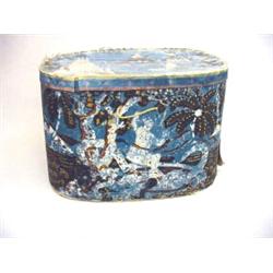 LARGE WALLPAPER COVERED HAT BOX. Block printed on a rich blue with white, brown, black, and gold …