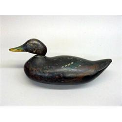 CARVED DECOY. Mallard hen in old paint. Brown over black wih green on the wings and glass eyes. G…