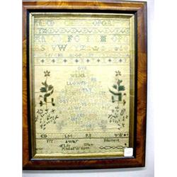 SAMPLER ON HOMESPUN LINEN. Includes various alphabets, flowers, trees, crowns, Lord's Prayer and …