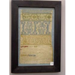 UNUSUAL GRAPHIC SAMPLER REMINISCENT OF A SHOW TOWEL. Four bands in blue, green, and cream depicti…
