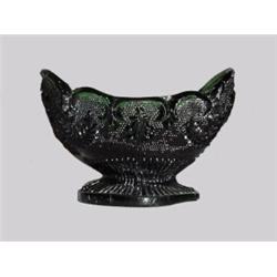 LACY GLASS SALT. Emerald green footed, oval salt, OP 14 (rare) in unlisted color. Ground. 3"l.…