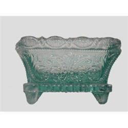 LACY GLASS SALT. Aqua, MV1 (scarce). Milky white streak through the glass. Corner damaged. 2 3/4"…