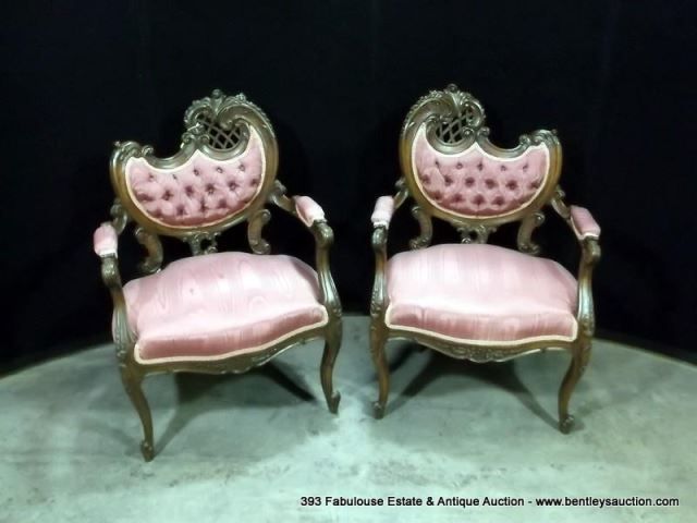 Victorian Style Settee Arm Parlor Chairs W Queen Anne Legs Ornate Carving Mauve Upholstery Some