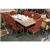 Image 1 : WOODEN INLAY DINING TABLE WITH 8 RED FABRIC STUDDED CHAIRS