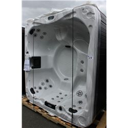 CAL SPAS ZONE SERIES HOT TUB WITH SMOKE GREY INTERIOR AND SMOKEY 78X84X32 CABINET C/W