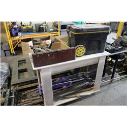 MOBILE WOODEN WORK TABLE WITH PIPE CLAMPS AND HAND TOOLS