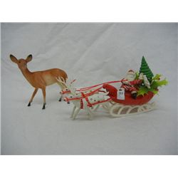 Vintage Plastic Santa Claus & Sleigh Decoration and Plastic Deer