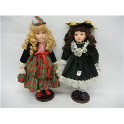 2 Heritage Mint Porcelain Dolls: Green and Plaid Dresses