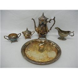 Silver Plated Tea Set, Round Tray, Creamer, Sugar, Gravy Boat