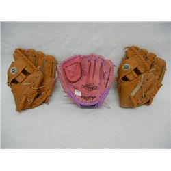1 Pink Child Rawlings Baseball Glove and 2 Franklin Child's Baseball Gloves