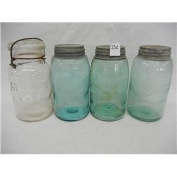 3 Blue Glass Ball Canning Jars w/ Zinc Lids and Atlas EZ Seal Canning Jar w/ Wire Veil