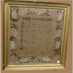 SAMPLER ON LINEN. Silk thread for verse and signature "Alice Drinkwater's Work" Wool petit point …