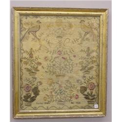 NEEDLEWORK ON LINEN. Many pots of colorful flowers, two long-tailed birds in flowering branches, …