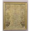 Image 1 : NEEDLEWORK ON LINEN. Many pots of colorful flowers, two long-tailed birds in flowering branches, …