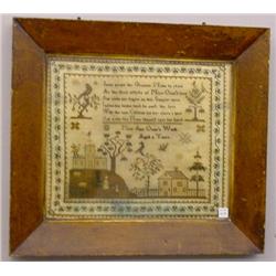 SAMPLER ON LINEN. Includes verse, birds in trees, church with birds on roof, woman and child walk…
