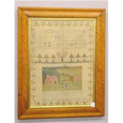ENGLISH SAMPLER ON LINEN. Alphabet, band of pine trees, and panel with country estate, brick hous…
