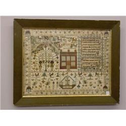 SAMPLER ON LINEN. Unusual format with most of the area covered with cross-stitch images including…