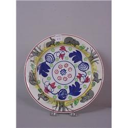 STICK SPATTER PLATE. Rabbit, frog, and cabbage transfer border with yellow and green enamel. Gaud…