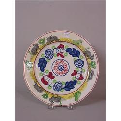 STICK SPATTER PLATE. Rabbit transfer border with frogs and flowers in green and yellow. Floral ce…