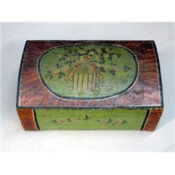 DECORATED DOCUMENT BOX WITH DOME TOP. Old decoration includes green floral panels with a basket o…