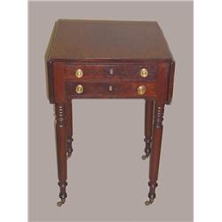 SHERATON TWO-DRAWER STAND WITH DROP LEAVES. Mahogany and mahogany veneer with an old finish. Turn…
