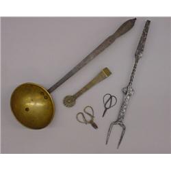 FIVE BRASS AND IRON TOOLS. Fork with twisted handle, 17"l.; dipper with brass bowl, 19 3/4"l.; br…