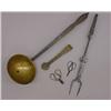 Image 1 : FIVE BRASS AND IRON TOOLS. Fork with twisted handle, 17"l.; dipper with brass bowl, 19 3/4"l.; br…