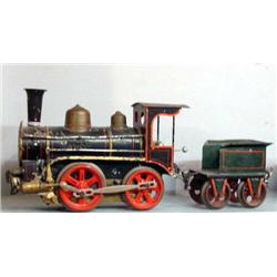 EARLY MARKLIN WINDUP TRAIN. Engine, tender, two passenger cars, and a freight car. The engine is …