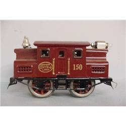 "LIONEL" ELECTRIC TRAIN ENGINE. Dark red "New York Central Lines, 150". Labeled "For 'O' Gauge Tr…