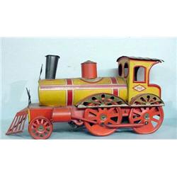 THREE TOYS. Tin windup train engine. Red and yellow lithograph designs. A few dents, non-working.…