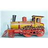 Image 1 : THREE TOYS. Tin windup train engine. Red and yellow lithograph designs. A few dents, non-working.…
