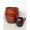 Image 1 : TWO PIECES OF REDWARE. Small crock with wide, incised line below rim. Some glaze wear on rim. 5"d…