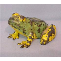 ADVERTISING BRASS FROG. Original green and yellow paint. Underside is stamped with an address in …