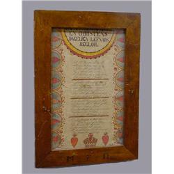 SCANDINAVIAN WATERCOLOR ON PAPER. Fraktur with red, blue, and yellow hearts in scallops along the…